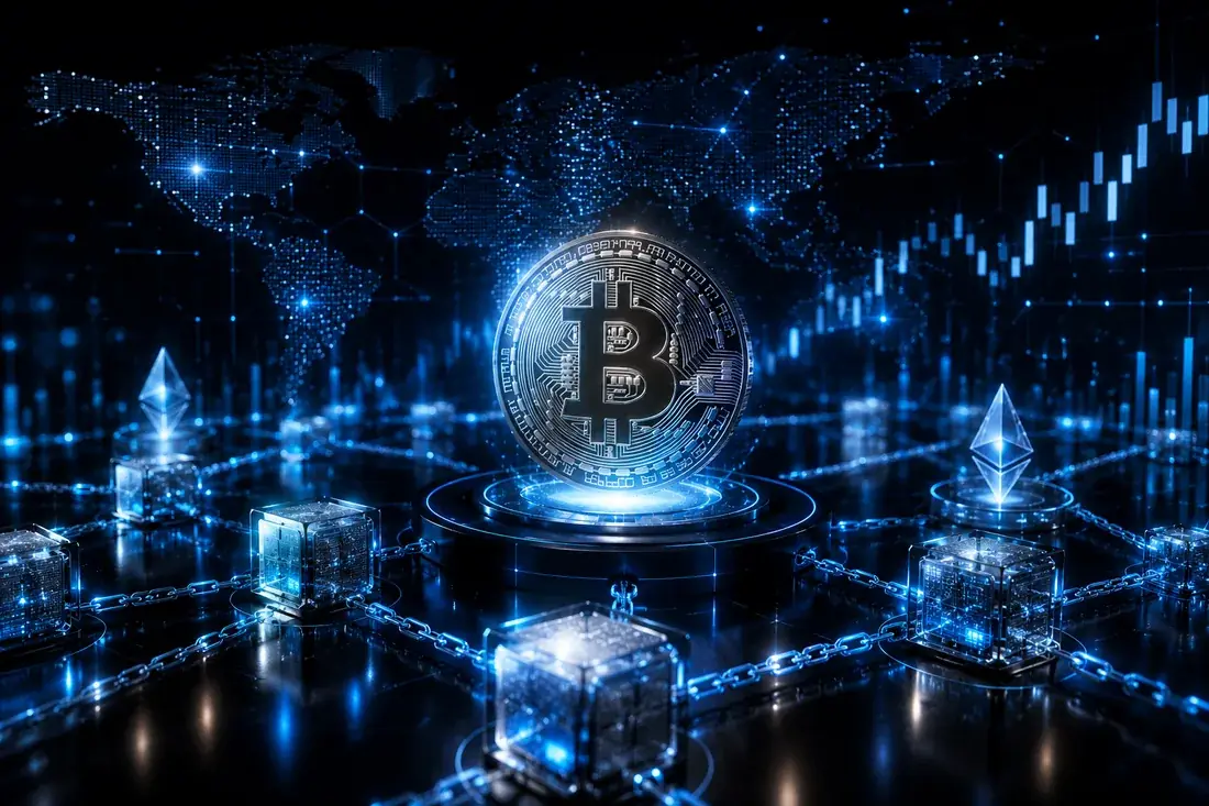 Krypto-Markt: glühender Bitcoin im Blockchain-Netzwerk mit Kursverläufen