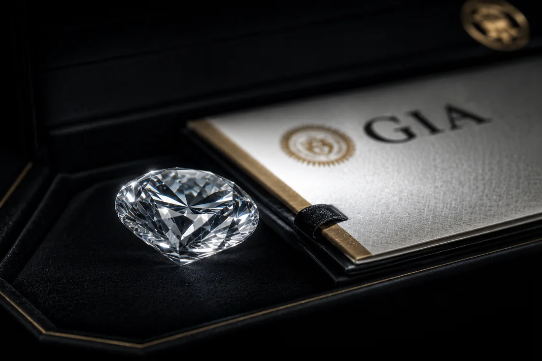 Diamanten: zertifizierter Brillant neben GIA-Dokument als realer Sachwert