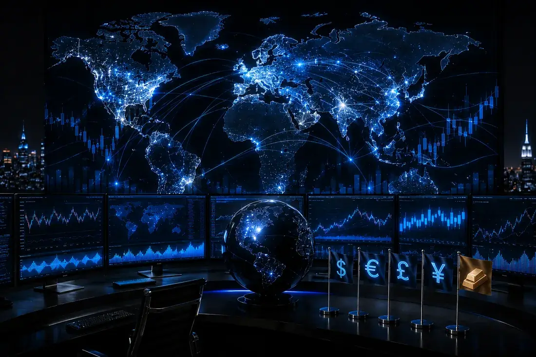 Forex-Markt: beleuchtete Weltkarte mit globalen Währungsströmen und Handelscharts