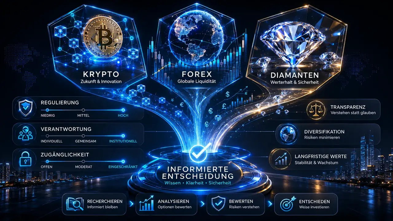 Drei transparente Wege durch Krypto, Forex und Diamanten – von reguliert bis eigenverantwortlich